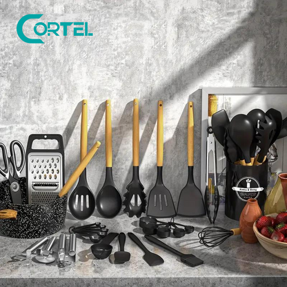 Juego de utensilios de cocina definitivo: kit de silicona de 44 piezas con mangos de madera para cocinar