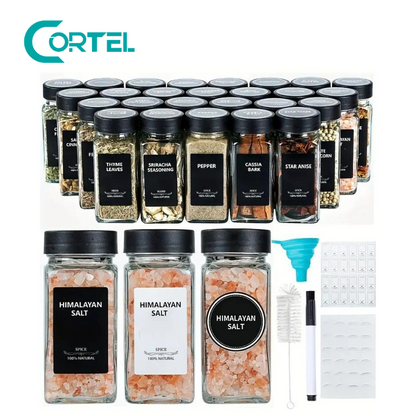 Kit de 17 envases herméticos con tapa + regalo de 24 frascos de vidrio para especias y condimentos.