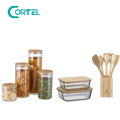 Set de Ollas Herméticas + Porta Alimentos + Ollas Herméticas Refractarias con Tapa de Bambú con Utensilios de Bambú de Regalo