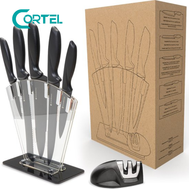 Juego de cuchillos KitchenBrothers - Bloque de cuchillos - 7 piezas - con afilador de cuchillos - Negro