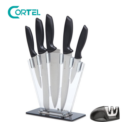 Juego de cuchillos KitchenBrothers - Bloque de cuchillos - 7 piezas - con afilador de cuchillos - Negro